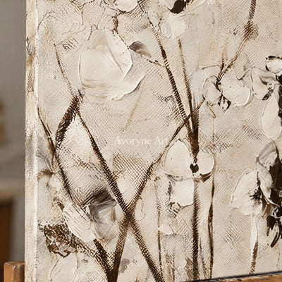 Close-up of the hand-painted texture of Quiet Drift floral branch diptych on an easel