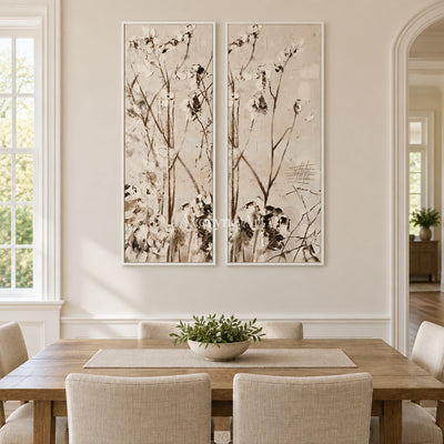 Quiet Drift floral branch diptych with a white frame in a dining room
