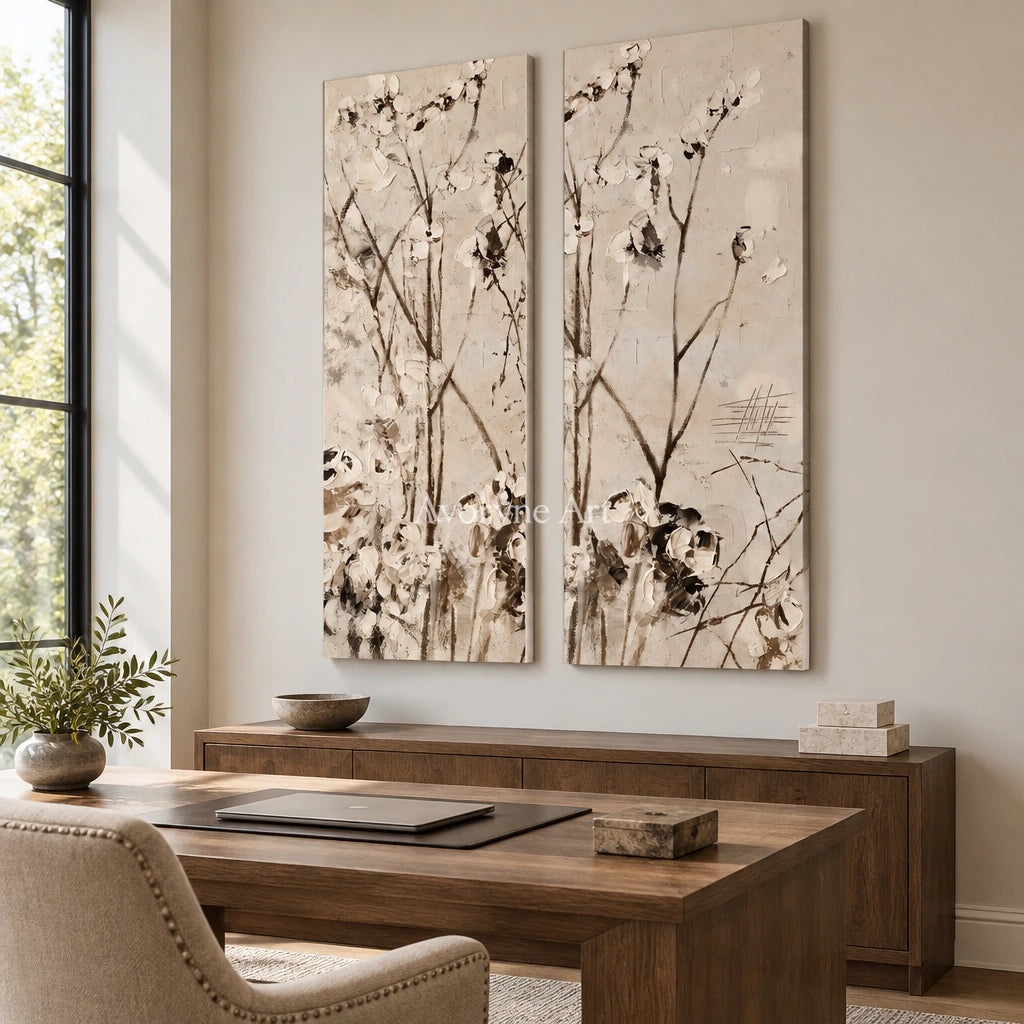 Quiet Drift floral branch diptych as a frameless stretched canvas in a home office