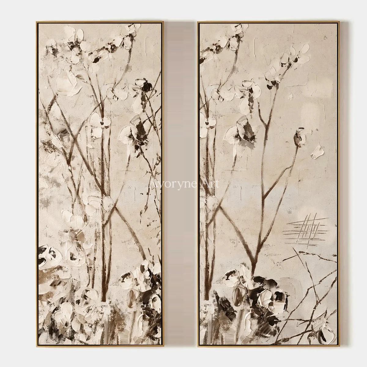 Quiet Drift, hand-painted floral branch diptych by Chen Wei