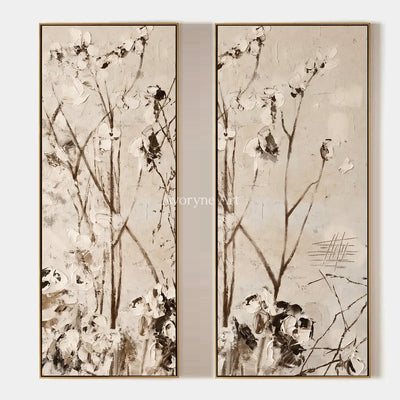 Quiet Drift, hand-painted floral branch diptych by Chen Wei