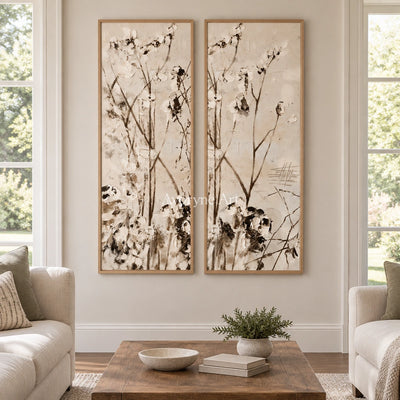 Quiet Drift floral branch diptych with a wood frame in a villa living space
