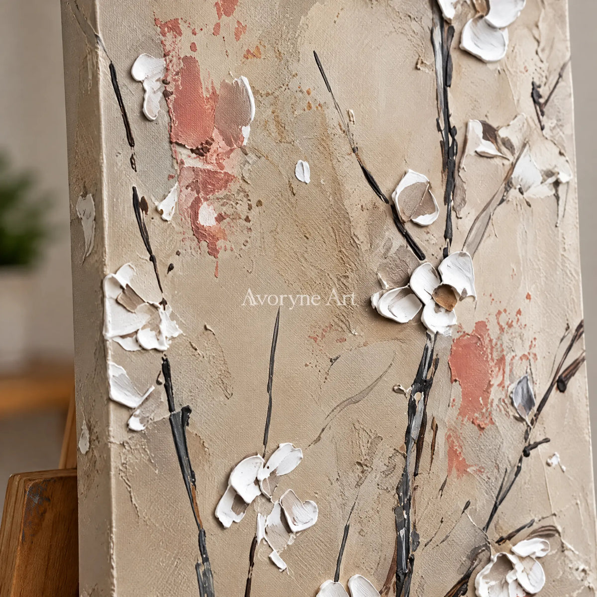 Close-up of the hand-painted texture of Quiet Memory floral branch diptych on an easel