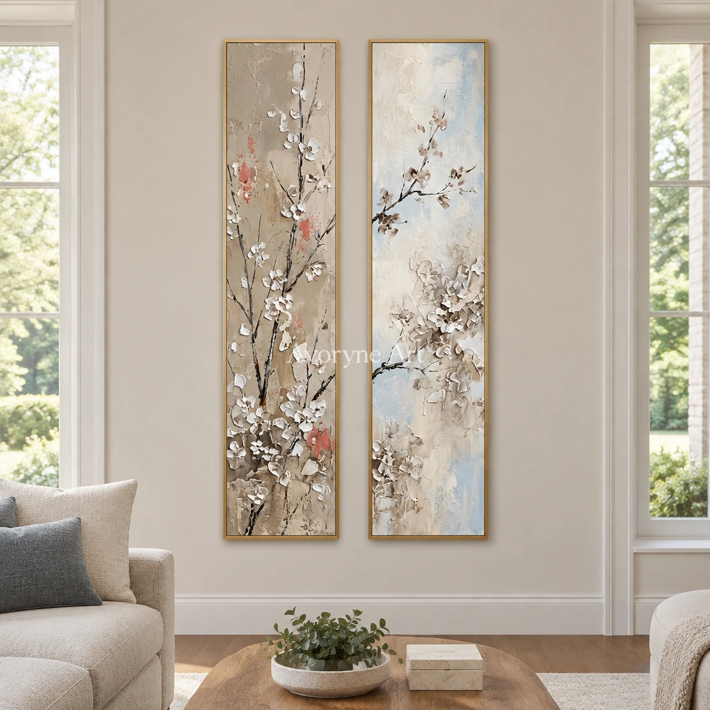 Quiet Memory floral branch diptych with a gold frame hanging in a living room