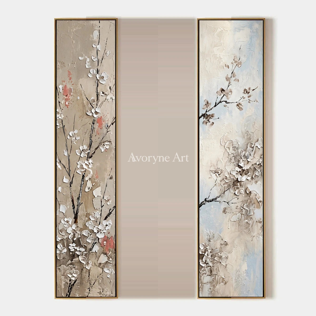 Quiet Memory, hand-painted floral branch diptych by Chen Wei