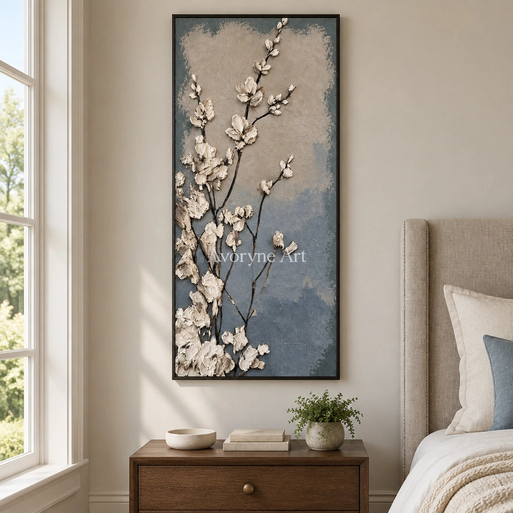 Hidden Vista floral texture wall art with a black frame above a bed in a bedroom