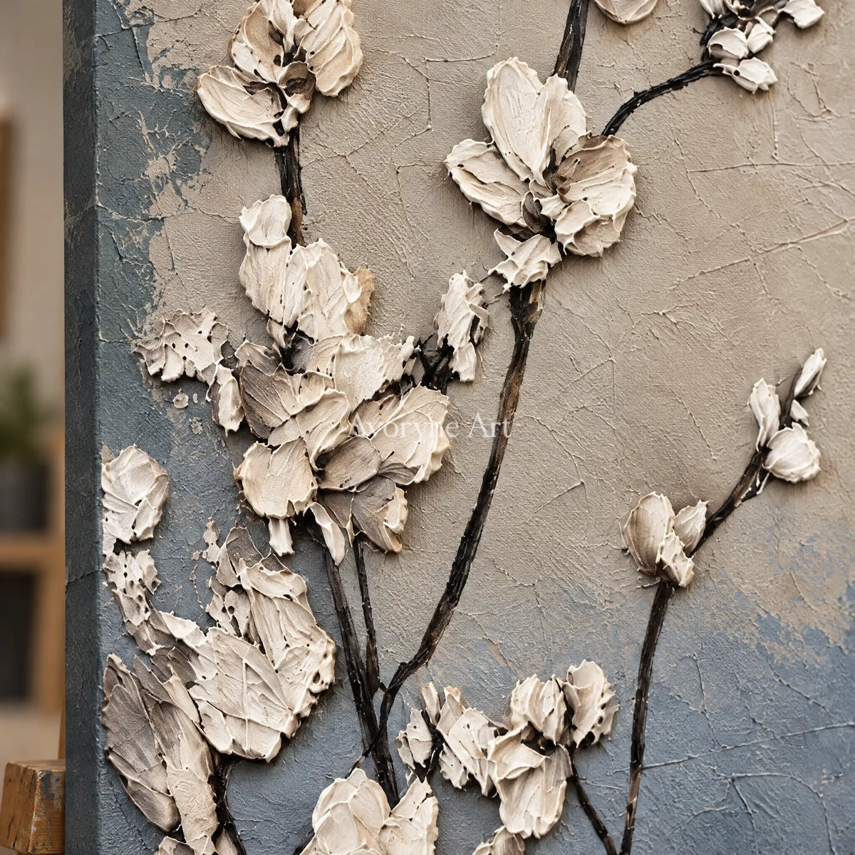 Close-up of the hand-painted texture of Hidden Vista floral texture wall art on an easel