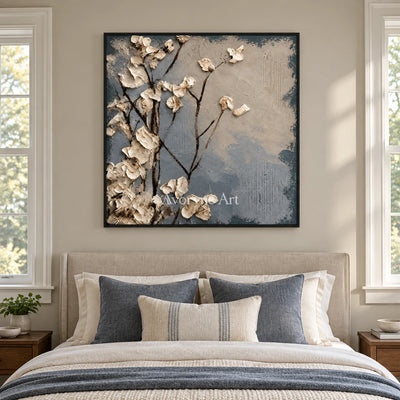 Hidden Current floral texture wall art with a black frame above a bed in a bedroom