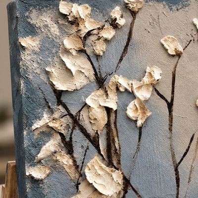 Close-up of the hand-painted texture of Hidden Current floral texture wall art on an easel
