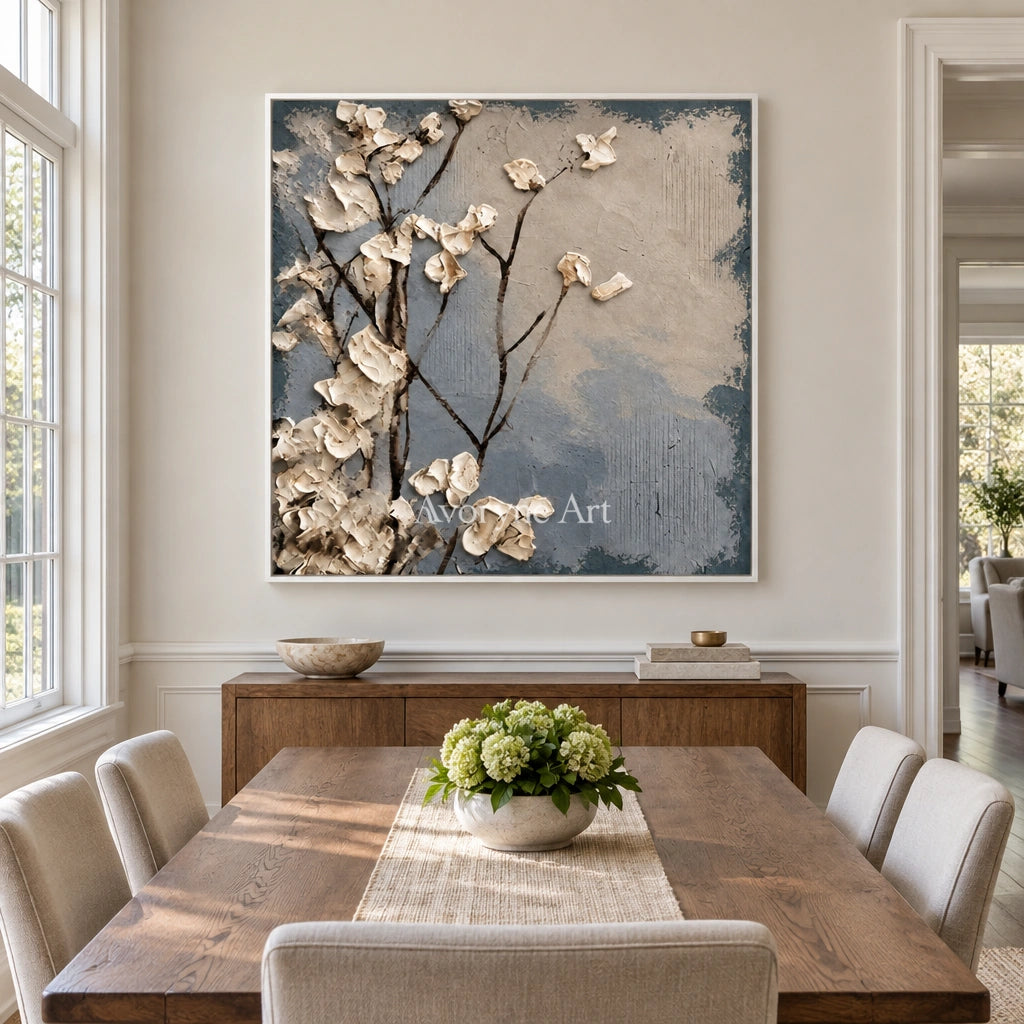Hidden Current floral texture wall art with a white frame in a dining room