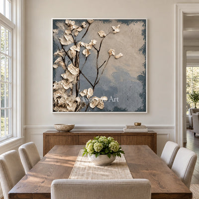Hidden Current floral texture wall art with a white frame in a dining room
