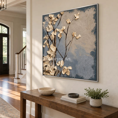 Hidden Current floral texture wall art with a silver frame in an entryway