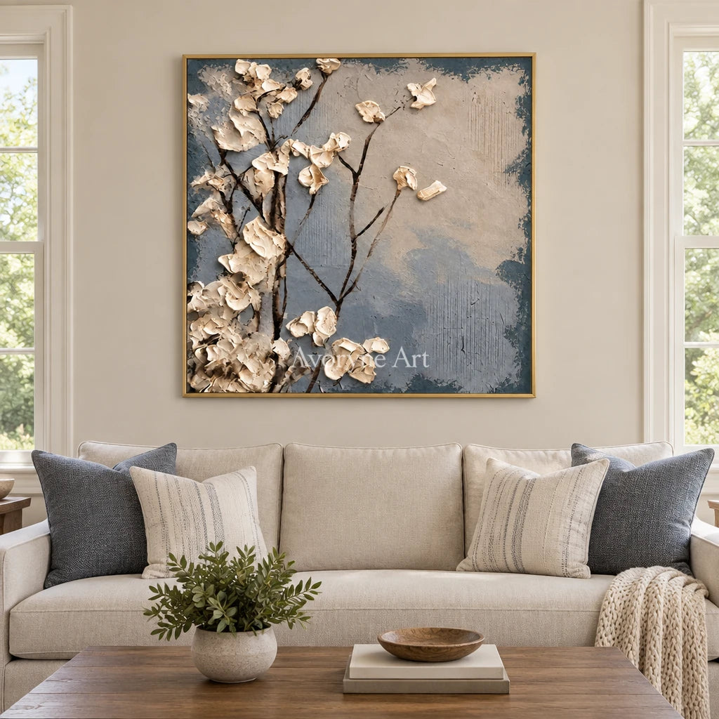 Hidden Current floral texture wall art with a gold frame hanging in a living room
