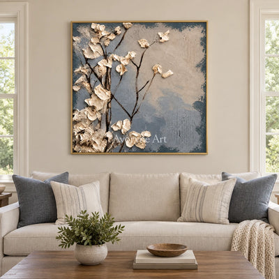 Hidden Current floral texture wall art with a gold frame hanging in a living room