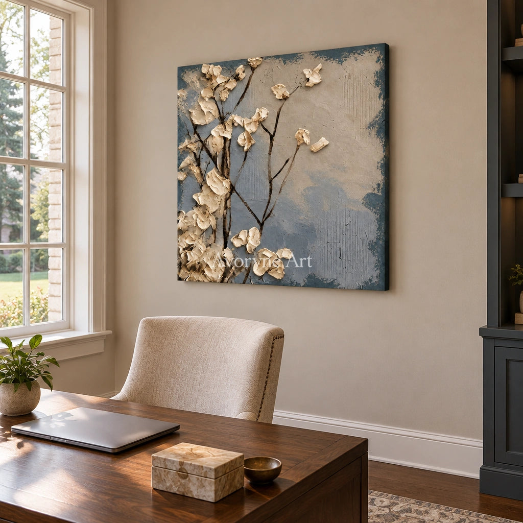 Hidden Current floral texture wall art as a frameless stretched canvas in a home office