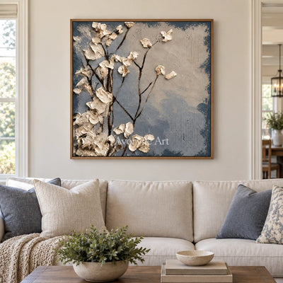 Hidden Current floral texture wall art with a wood frame in a villa living space