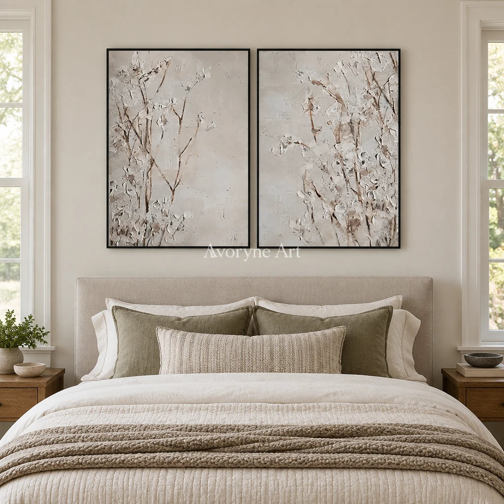 Bright Horizon floral texture diptych with a black frame above a bed in a bedroom