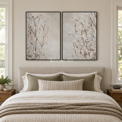 Bright Horizon floral texture diptych with a black frame above a bed in a bedroom