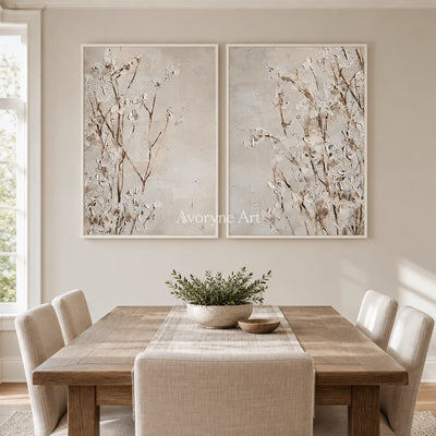 Bright Horizon floral texture diptych with a white frame in a dining room
