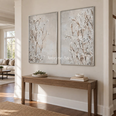 Bright Horizon floral texture diptych with a silver frame in an entryway