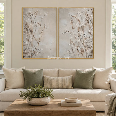 Bright Horizon floral texture diptych with a gold frame hanging in a living room