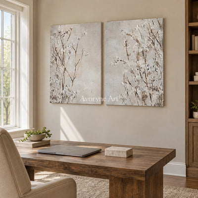 Bright Horizon floral texture diptych as a frameless stretched canvas in a home office