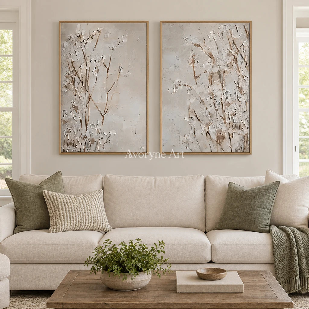 Bright Horizon floral texture diptych with a wood frame in a villa living space