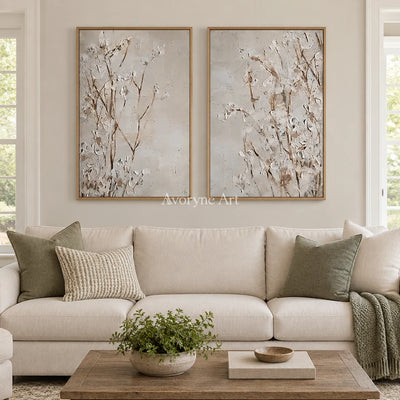Bright Horizon floral texture diptych with a wood frame in a villa living space