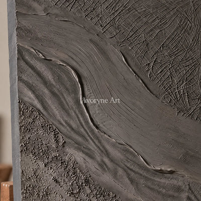 Close-up of the hand-painted texture of Quiet Prelude flowing relief diptych on an easel