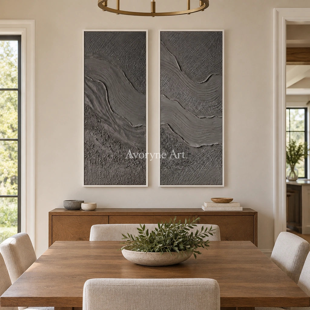 Quiet Prelude flowing relief diptych with a white frame in a dining room