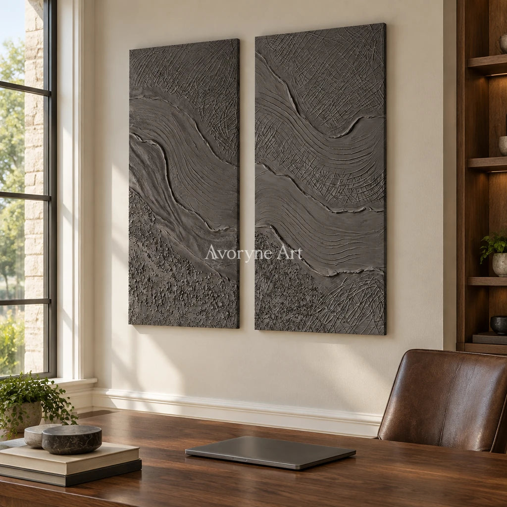 Quiet Prelude flowing relief diptych as a frameless stretched canvas in a home office