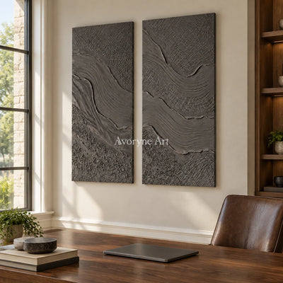 Quiet Prelude flowing relief diptych as a frameless stretched canvas in a home office