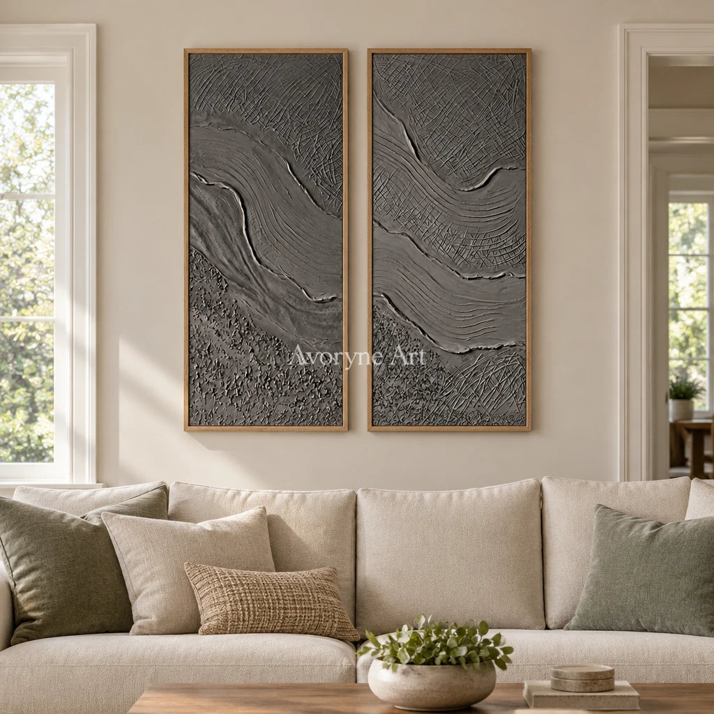 Quiet Prelude flowing relief diptych with a wood frame in a villa living space