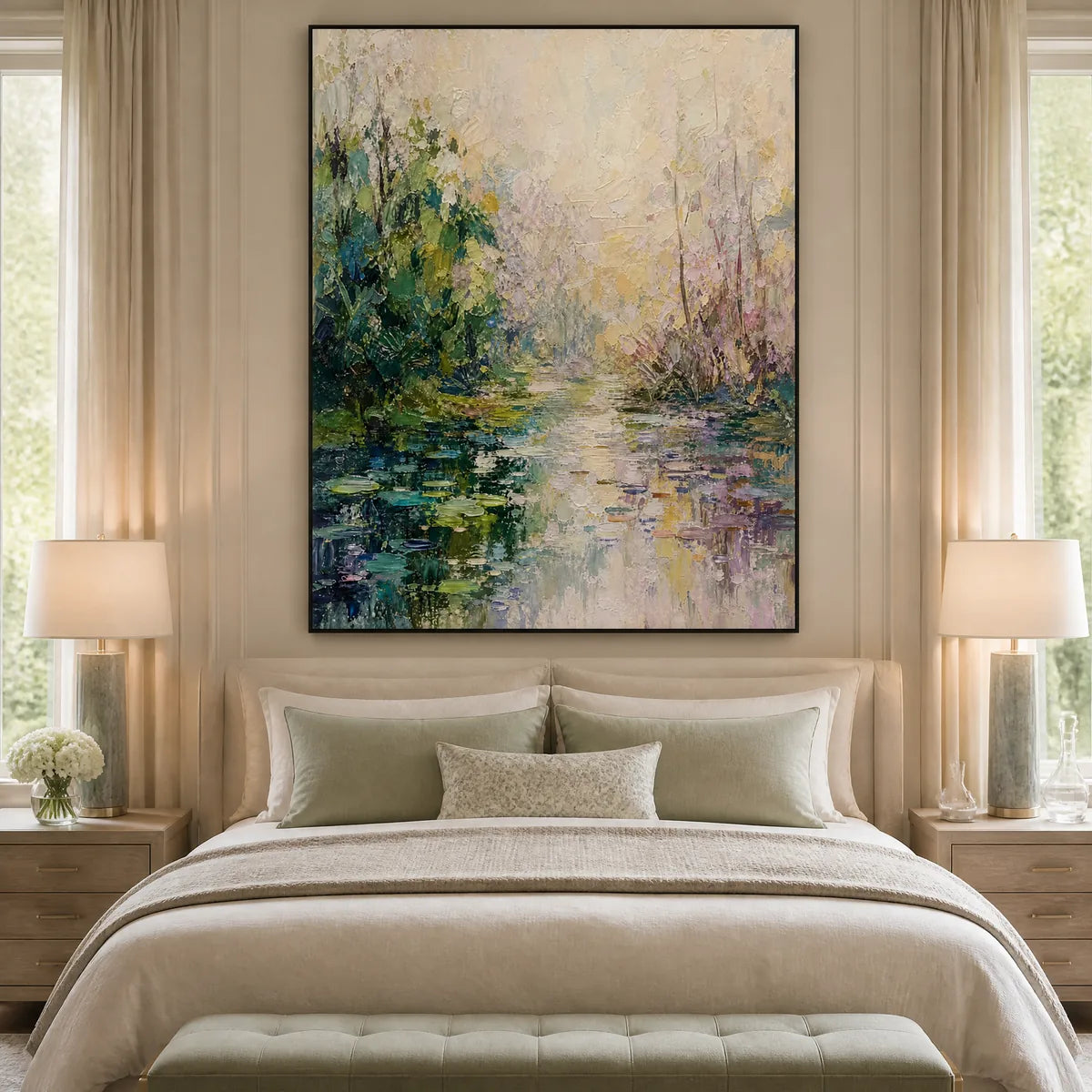 Garden Pond: Floral Landscape Wall Art - bedroom black frame