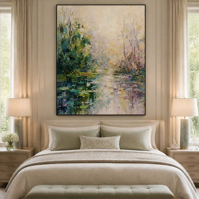 Garden Pond: Floral Landscape Wall Art - bedroom black frame