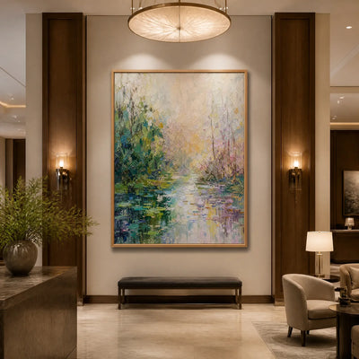 Garden Pond: Floral Landscape Wall Art - hotel wood frame