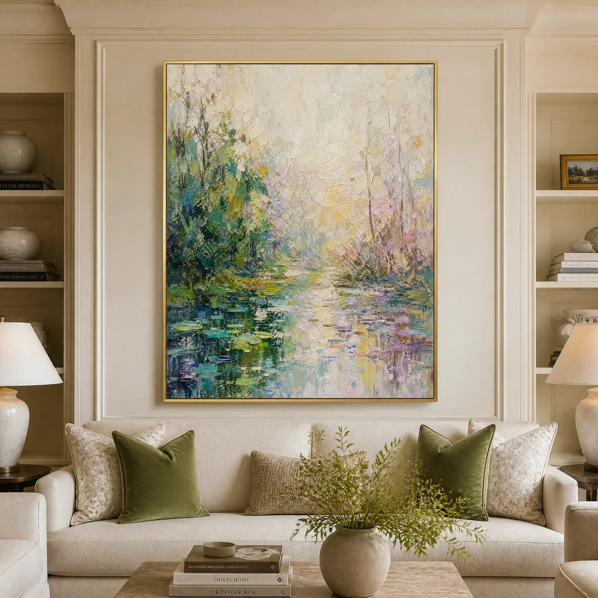 Garden Pond: Floral Landscape Wall Art - living room gold frame