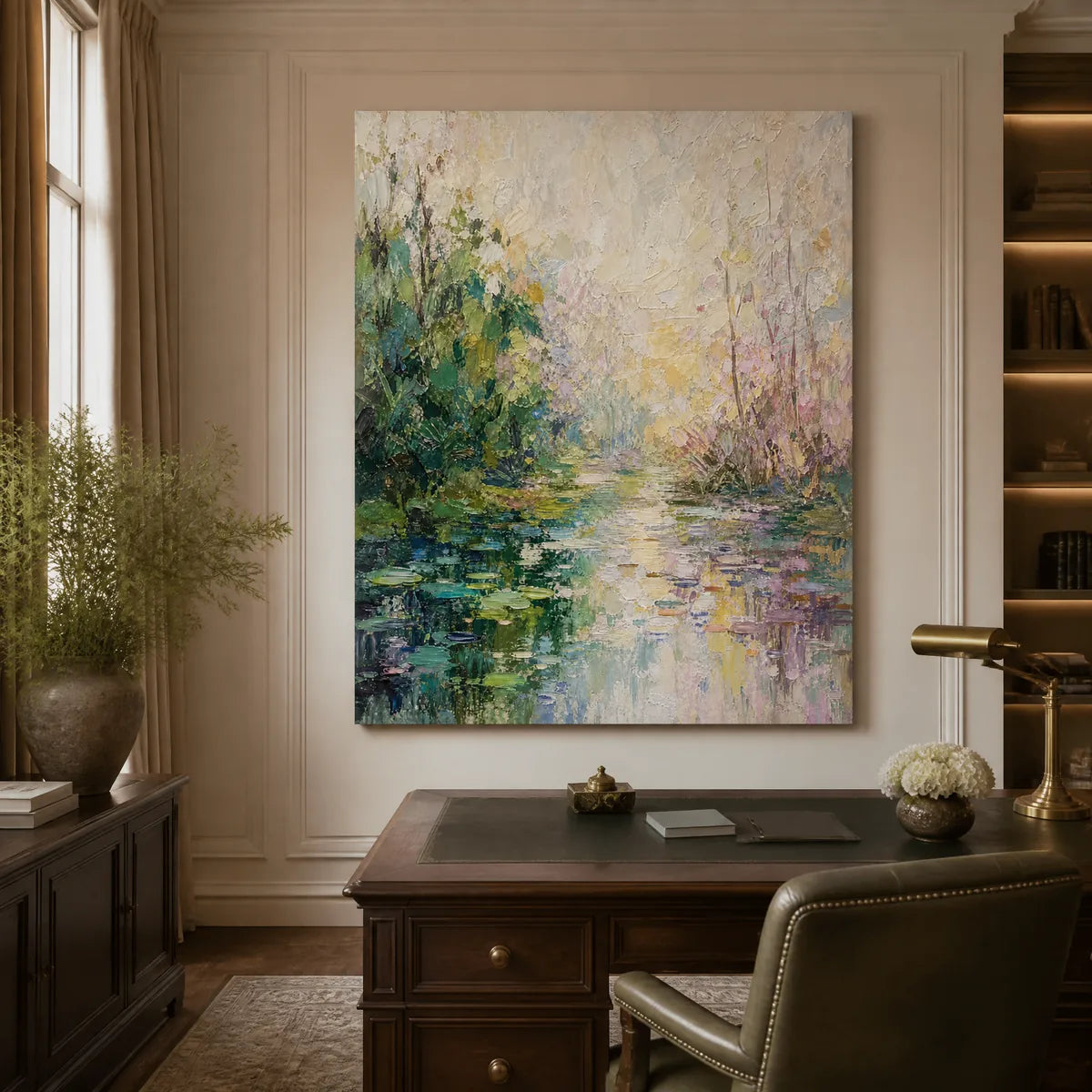 Garden Pond: Floral Landscape Wall Art - office stretched canvas