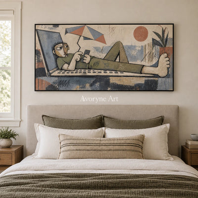 Gentle Memory geometric figure wall art with a black frame above a bed in a bedroom