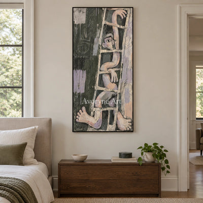 Gentle Prelude geometric figure wall art with a black frame above a bed in a bedroom
