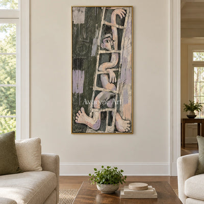 Gentle Prelude geometric figure wall art with a gold frame hanging in a living room