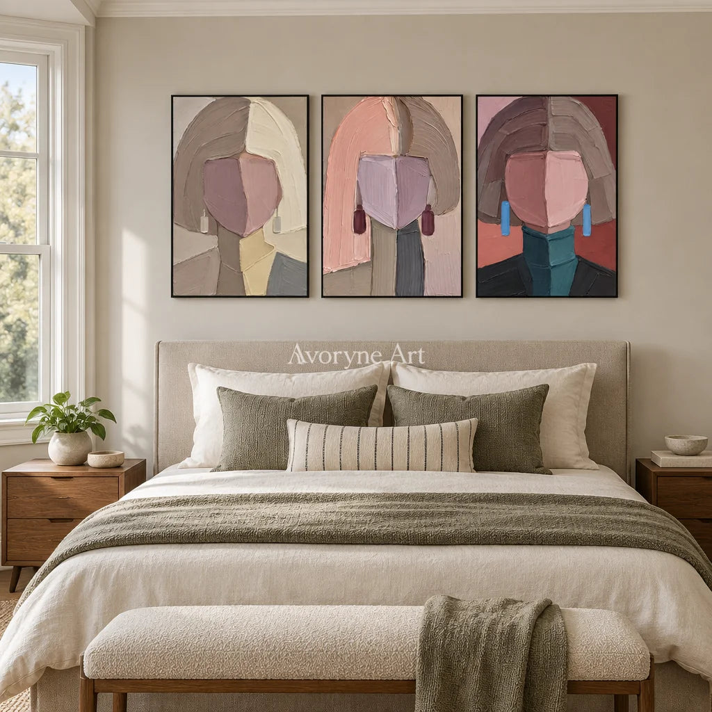 Three Reveries: Geometric Portrait Triptych Wall Art — bedroom black