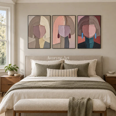 Three Reveries: Geometric Portrait Triptych Wall Art — bedroom black