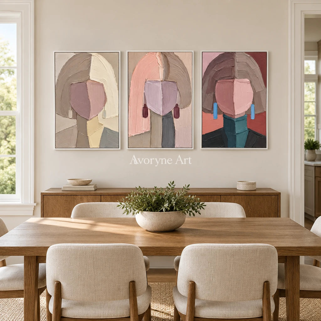 Three Reveries: Geometric Portrait Triptych Wall Art — dining white