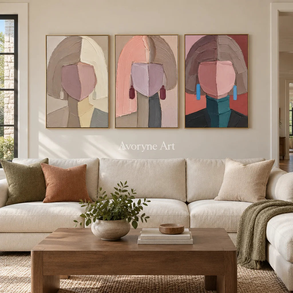 Three Reveries: Geometric Portrait Triptych Wall Art — living gold