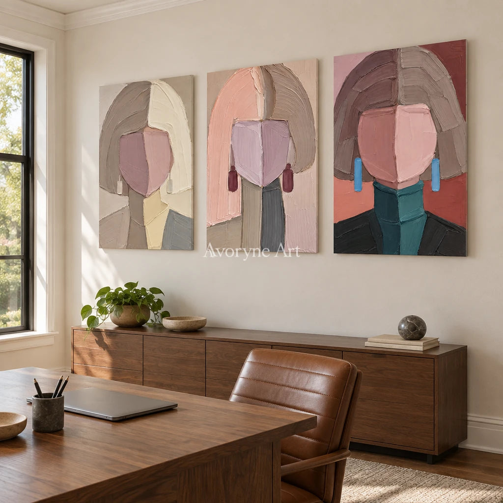 Three Reveries: Geometric Portrait Triptych Wall Art — office frameless