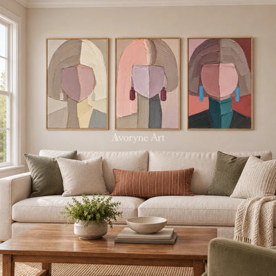 Three Reveries: Geometric Portrait Triptych Wall Art — villa wood
