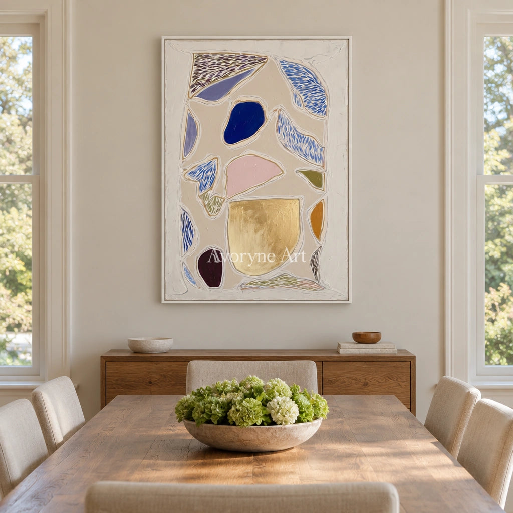 Winding Mosaic geometric texture wall art with a white frame in a dining room