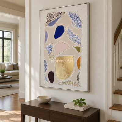 Winding Mosaic geometric texture wall art with a silver frame in an entryway