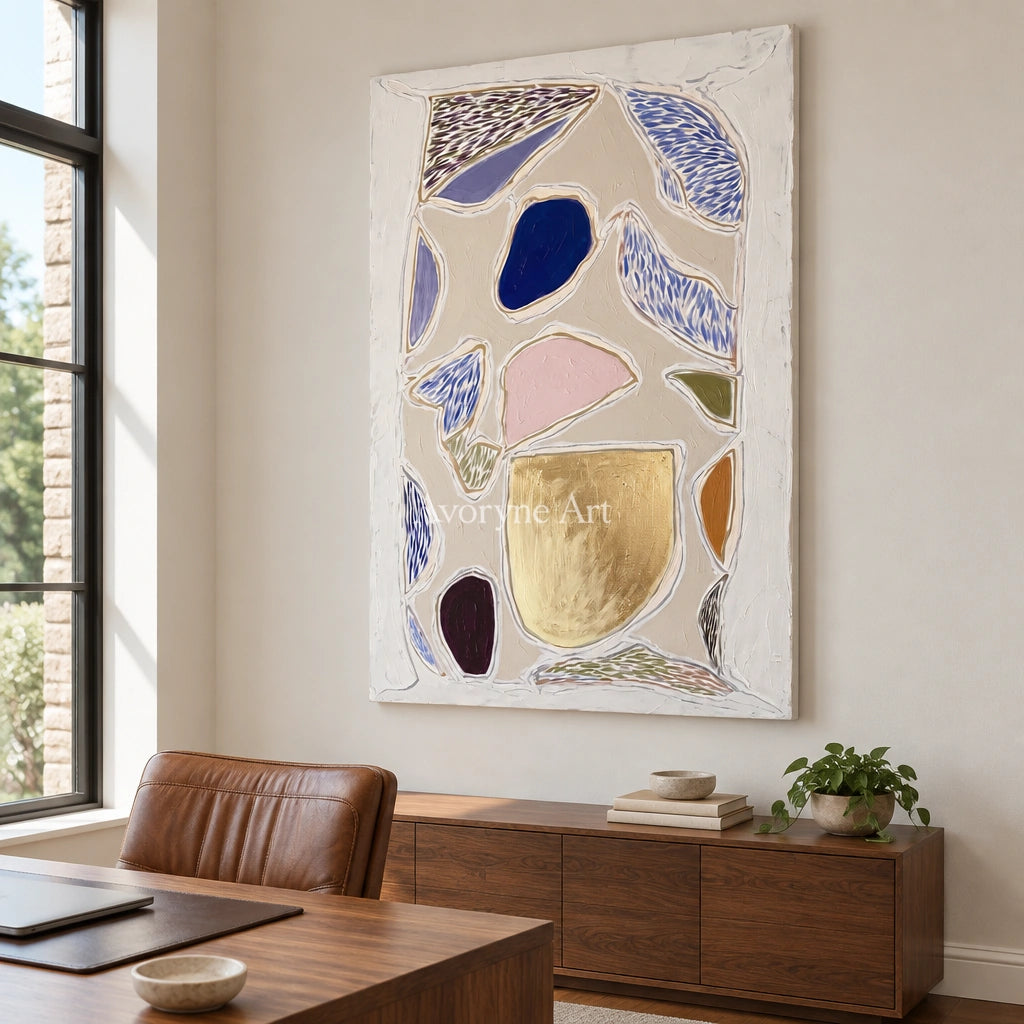 Winding Mosaic geometric texture wall art as a frameless stretched canvas in a home office